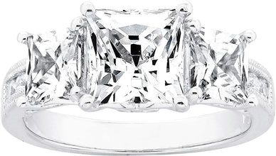 .925 Sterling Silver & Princess Cut Cubic Zirconia Three Stone Filigree Heart Anniversary or Engagement Ring