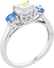 .925 Sterling Silver Round Brilliant Cut Aurora Borealis Cubic Zirconia & Fancy Blue Swarovski Cubic Zirconia Three Stone Engagment Ring