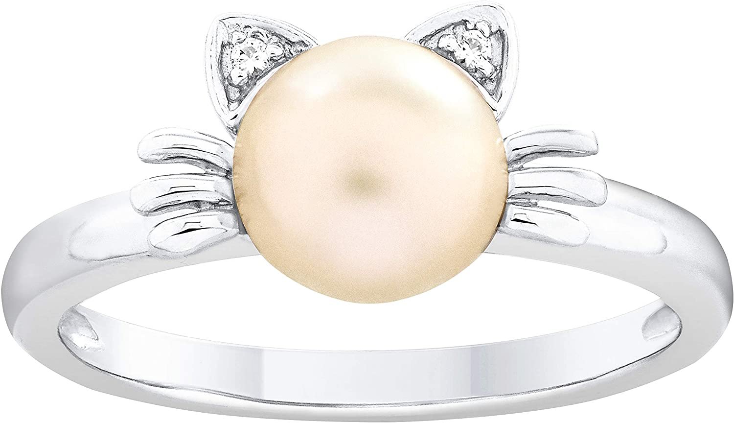 .925 Sterling Silver, 7.0mm White Freshwater Cultured Pearl & Lab Grown White Sapphire Kitty Cat Statement Ring