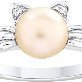 .925 Sterling Silver, 7.0mm White Freshwater Cultured Pearl & Lab Grown White Sapphire Kitty Cat Statement Ring