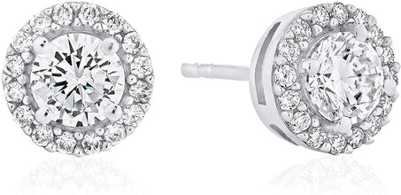 .925 Sterling Silver Birthstone and Lab Grown White Sapphire or CZ Halo Stud Earrings - Choice of Gem Color/Month