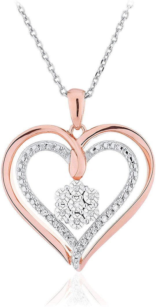 14K Rose Gold Plated .925 Sterling Silver 1/10 Cttw Diamond Cluster Hearts Pendant Necklace with 18" Cable Chain (I-J Color, I2-I3 Clarity)