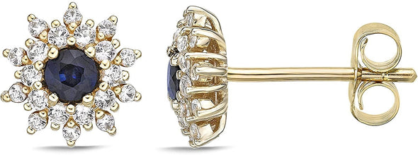 10K Yellow Gold Round Genuine Precious Gemstone & White Topaz Halo Stud Earrings