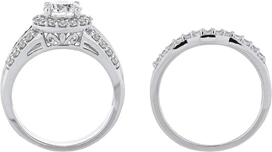 .925 Sterling Silver Round Cubic Zirconia & Baguette Cut Lab Created Blue Sapphire Halo Engagement Ring and Wedding Band Bridal Set