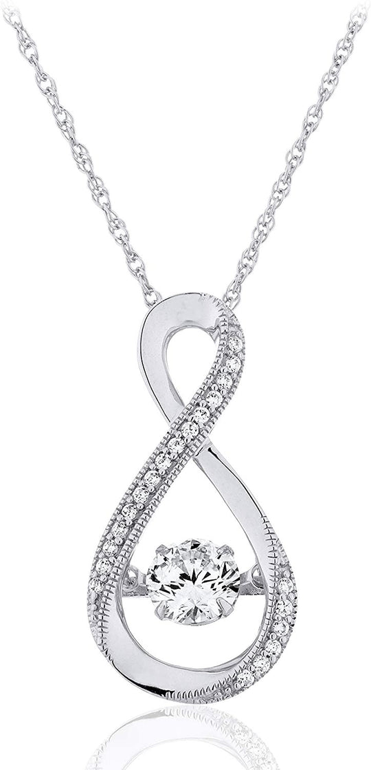.925 Sterling Silver & Round Cubic Zirconia 1" Infinity Loop Milgrain Pendant with Dancing Premium Cubic Zirconia Inside and Delicate Rope Chain Necklace - 18”