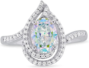 .925 Sterling Silver Oval Cut Aurora Borealis Cubic Zirconia & White Cubic Zirconias Pear Shape Engagment Ring