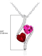 .925 Sterling Silver, Heart Cut Lab-Grown Ruby and Lab-Grown Pink Sapphire & Lab-Grown White Sapphire Bypass Style Hearts Pendant Necklace - 18”