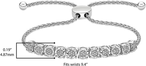 .925 Sterling Silver & 1/10 Cttw Diamond Miracle Set Cluster Links Wheat Chain Adjustable Bolo Bracelet - 6”-9-2/5” (I-J Color, I2-I3 Clarity)
