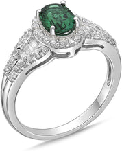 .925 Sterling Silver, Lab-Grown Oval Gemstone & Round + Baguette Cut Lab-Grown White Sapphire Halo Flared Band Engagement Ring - Choice of Gem Color