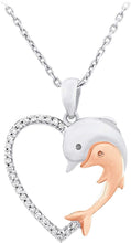 Two Tone 14K Rose Gold Plated .925 Sterling Silver 1/10 Cttw Diamond Two Dolphins Heart Pendant Necklace - 20” (I-J Color, I2-I3 Clarity)