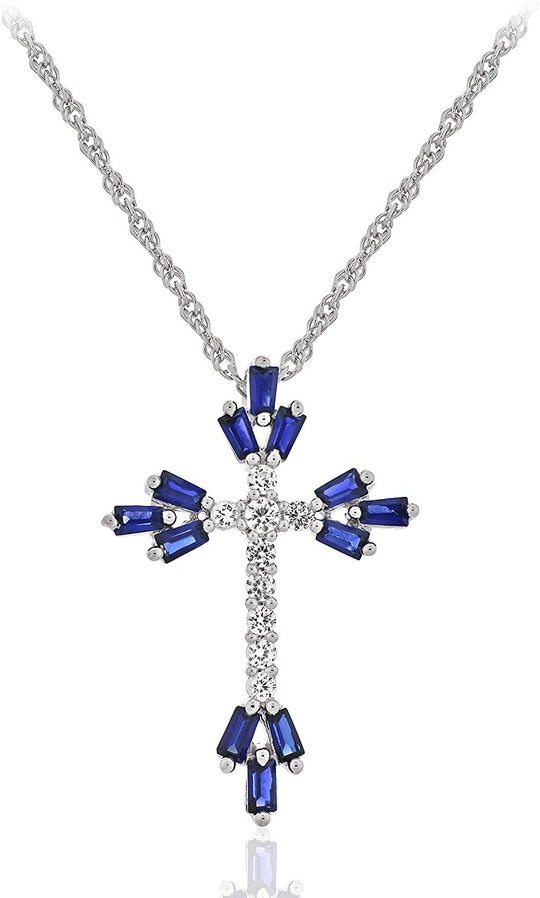 .925 Sterling Silver Trapezoid Shaped Lab-Grown Blue Sapphire & Round Lab-Grown White Sapphire Flared Cross Pendant Necklace - 18”