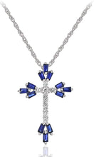 .925 Sterling Silver Trapezoid Shaped Lab-Grown Blue Sapphire & Round Lab-Grown White Sapphire Flared Cross Pendant Necklace - 18”