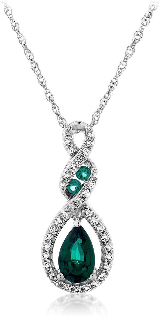 .925 Sterling Silver Lab Grown Emerald & Lab Grown White Sapphire Twisted Infinity Pendant Necklace on 18" Rope Chain