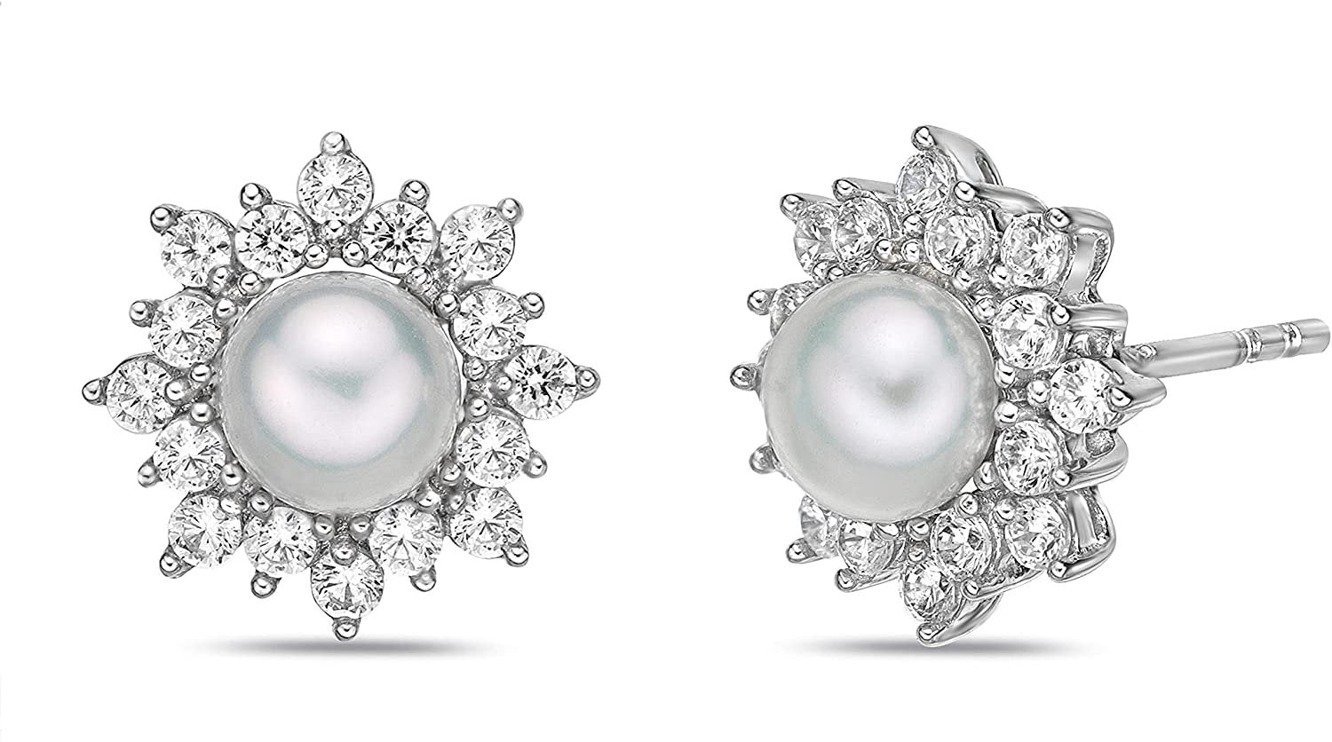 .925 Sterling Silver, 6mm White Freshwater Cultured Button Pearl & White Cubic Zirconia Double Halo Snowflake or Star Pushback Stud Earrings