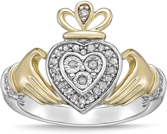 Two Tone 14K Yellow Gold Plated .925 Sterling Silver 1/10 Cttw Diamond Claddagh Style Engagement Ring (I-J Color, I2-I3 Clarity)
