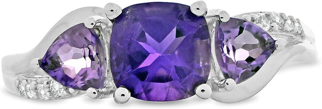 .925 Sterling Silver Three Stone Natural Amethyst & Lab Created White Sapphire Split Shank Ring