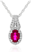 .925 Sterling Silver, Lab-Grown Oval Cut Gemstone & Round + Baguette Cut Lab-Grown White Sapphire Halo 18” Pendant Necklace - Choice of Gem Color