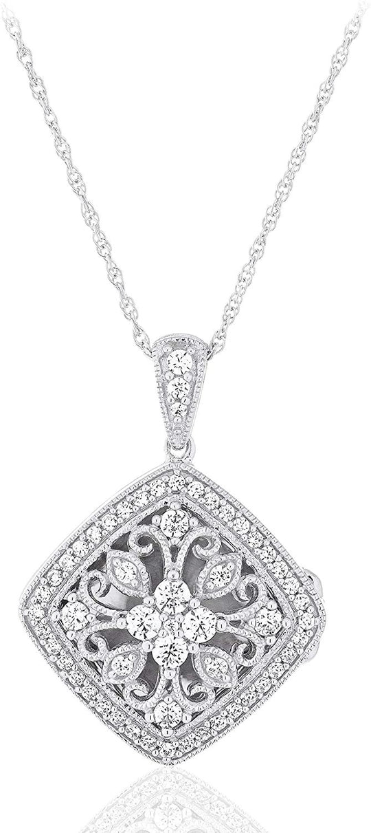 .925 Sterling Silver Cubic Zirconia Cushion Shaped Open Filigree Locket Pendant Necklace with 18" Rope Chain