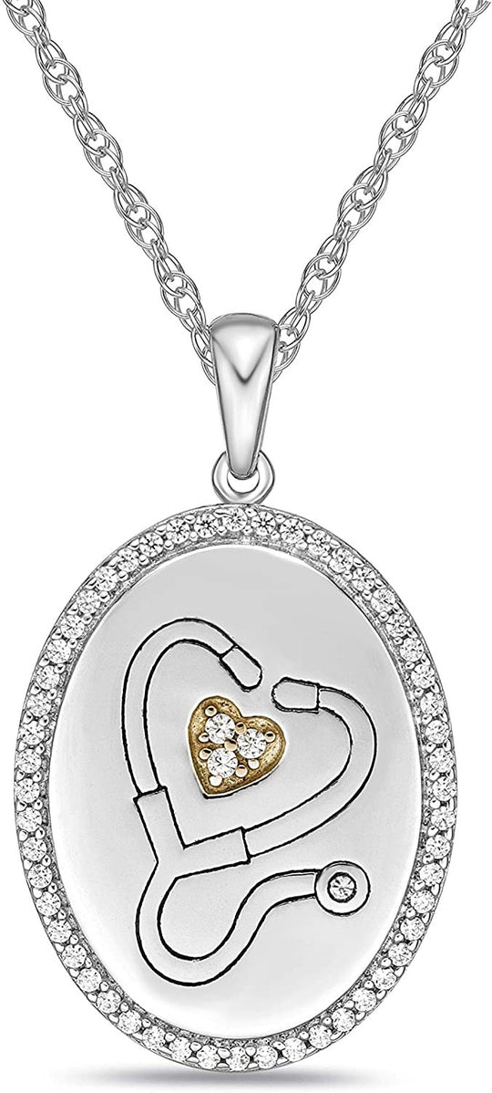 Two Tone 14K Rose Gold Plated .925 Sterling Silver Cubic Zirconia Heart Stethoscope Thank You You Are My Hero Appreciation Oval Pendant Necklace - 20”