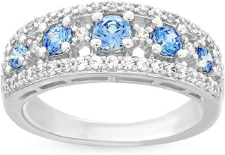 .925 Sterling Silver, Fancy Blue Swarovski Zirconia & White Cubic Zirconia Alternating Stone Band-Style Anniversary or Engagement Ring
