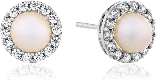 .925 Sterling Silver Freshwater Pearl & Cubic Zirconia Halo Stud Earrings