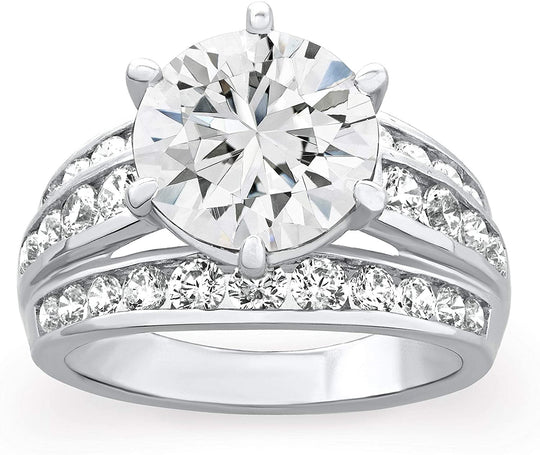 .925 Sterling Silver Round Brilliant Cut Cubic Zirconia Wide Three Channel Engagment Ring