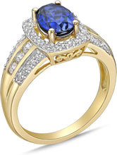 10K Yellow Gold, Lab Created Oval Gemstone & Lab Created White Sapphire Cushion Halo Fluted Filigree Cathedral Style Engagement Ring - Choice of Color