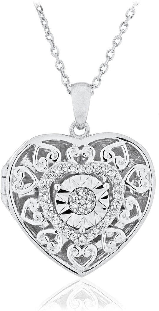 .925 Sterling Silver 1/10 Cttw Diamond Miracle Plate Filigree Heart Locket Pendant Necklace with Cable Chain - 18” (I-J Color, I2-I3 Clarity)