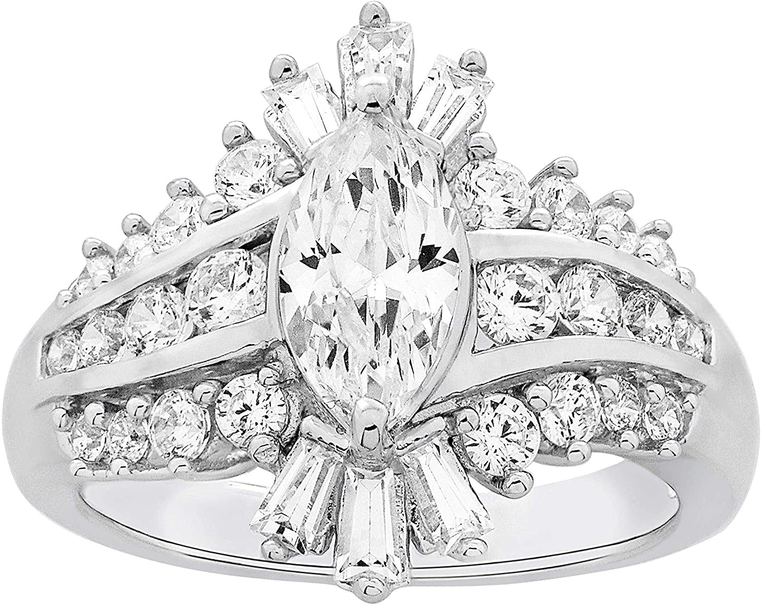 .925 Sterling Silver & Marquise, Round, and Baguette Cut Cubic Zirconia Channel Set Bypass Style Statement Ring or Engagement Ring
