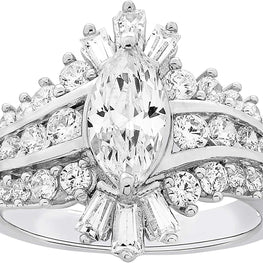 .925 Sterling Silver & Marquise, Round, and Baguette Cut Cubic Zirconia Channel Set Bypass Style Statement Ring or Engagement Ring
