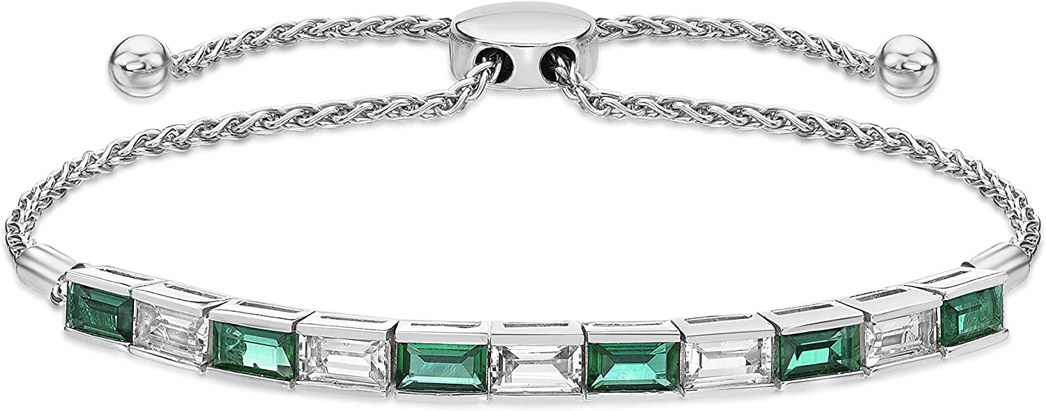 .925 Sterling Silver, Baguette Cut Lab Grown Emerald & Lab Grown White Sapphire Channel Set Alternating Stone Adjustable Bolo Bracelet - 6”-9-1/2”