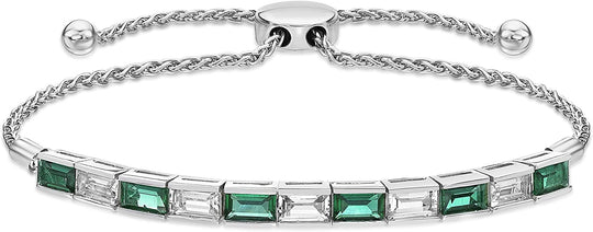 .925 Sterling Silver, Baguette Cut Lab Grown Emerald & Lab Grown White Sapphire Channel Set Alternating Stone Adjustable Bolo Bracelet - 6”-9-1/2”