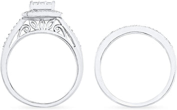 .925 Sterling Silver 1/2 Cttw Diamond Square Cluster Halo Milgrain Engagement Ring & Wedding Band Bridal Set (H-I Color, I1-I2 Clarity)