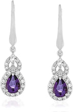 Sterling Silver Teardrop Birthstone & Lab Grown White Sapphire or CZ Art Deco Drop Hinged Latch Back Dangle Earrings - Choice of Gem Color/Month