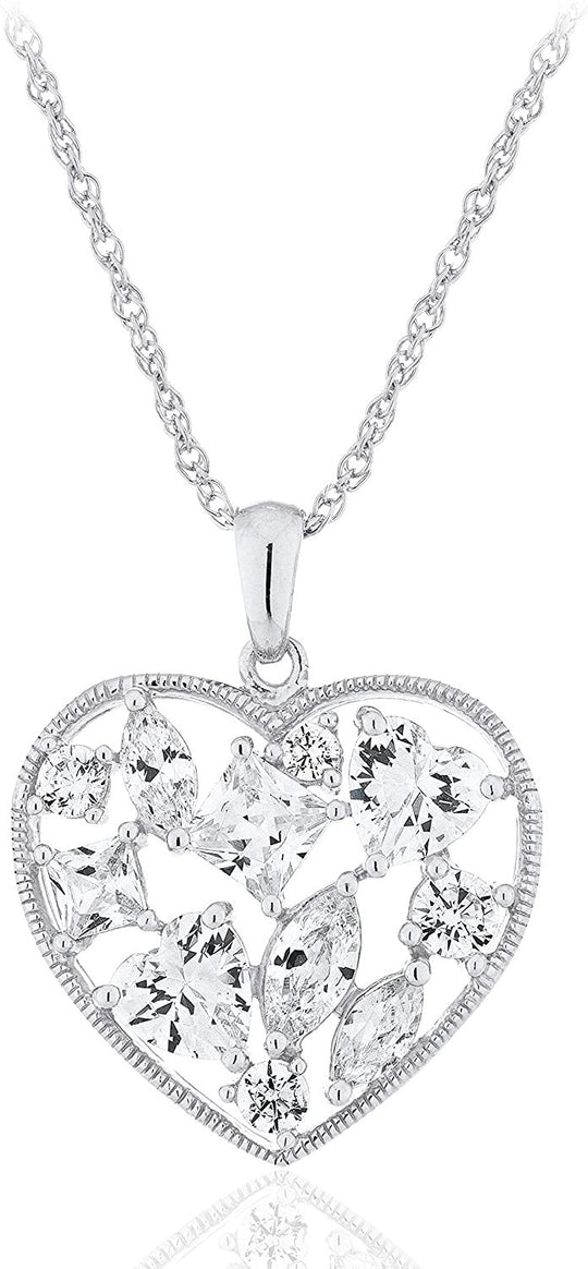 .925 Sterling Silver Assorted Shape Cubic Zirconia Milgrain Open Heart Shape Pendant Necklace with 18" Rope Chain