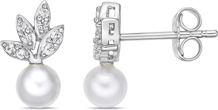 .925 Sterling Silver, 5.5mm White Freshwater Cultured Button Pearl & Lab Grown White Sapphire Fruit Drop Studs Leafy Pushback Stud Earrings