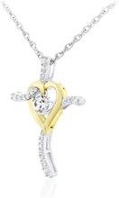 Two Tone 14K Yellow Gold Plated .925 Sterling Silver, Dangling Gemstone & Lab Grown White Sapphire Heart Cross Pendant Necklace 20” - Choice of Color