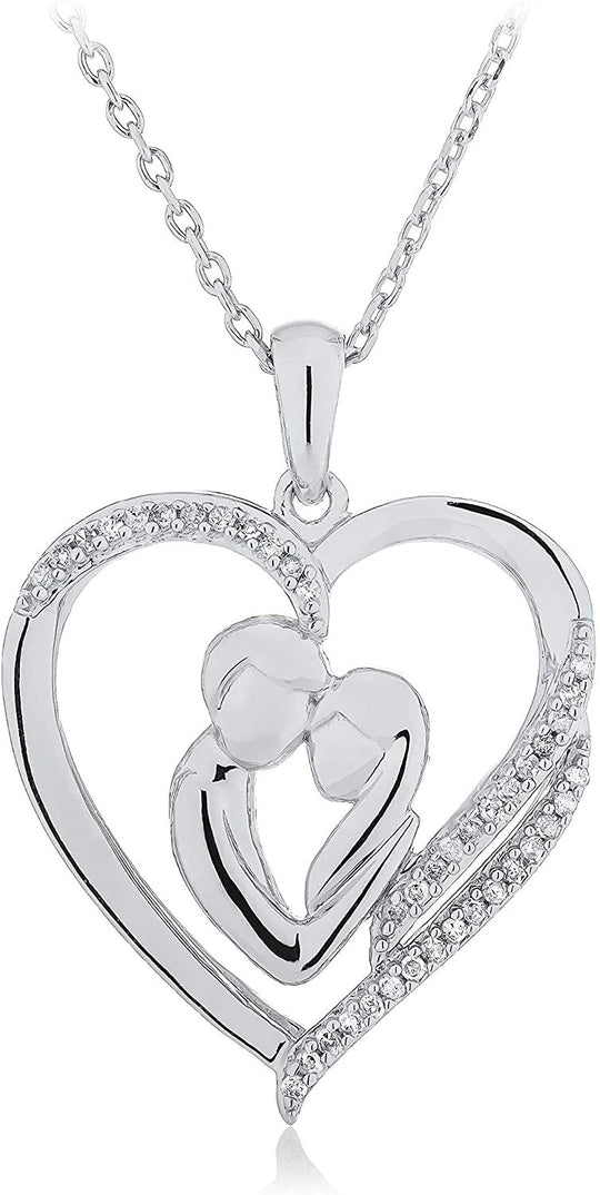 .925 Sterling Silver 1/10 Cttw Diamond Couple Inside Asymmetrical Heart with Message Pendant Necklace on 18" Cable Chain (I-J Color, I2-I3 Clarity)