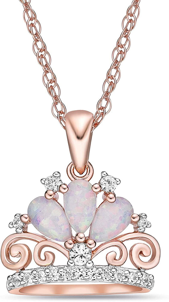 14K Rose Gold Plated .925 Sterling Silver, Pear Shaped Lab Grown Opal Cabochons & Lab Grown White Sapphire Tiara Crown Pendant Necklace - 20”