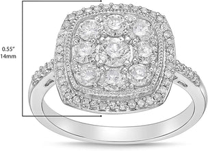 .925 Sterling Silver & 1.0 Cttw Diamond Cluster with Halo 1/2” Square Cushion Shaped Statement Ring (I-J Color, I2-I3 Clarity)