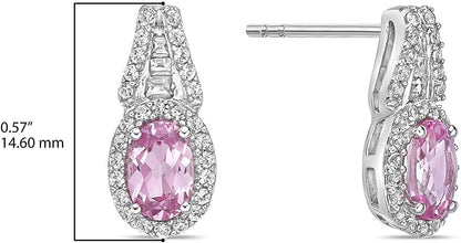 .925 Sterling Silver, Oval Cut Lab-Grown Gemstone & Round + Baguette Cut Lab-Grown White Sapphire Halo Drop Style Stud Earrings - Choice of Gem Color