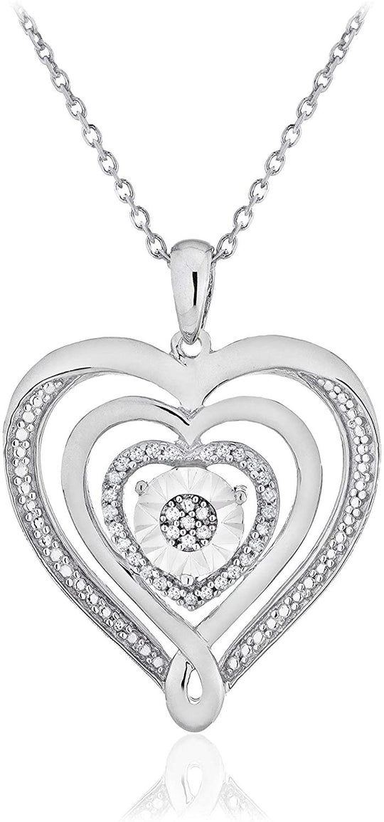 .925 Sterling Silver 1/10 Cttw Diamond Cluster Miracle Plate Concentric Hearts Pendant Necklace with Cable Chain - 18” (I-J Color, I2-I3 Clarity)
