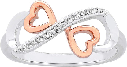 Two Tone 14K Rose Gold Plated .925 Sterling Silver Diamond Accented Infinity Knot with Hearts Promise Ring (I-J Color, I2-I3 Clarity)