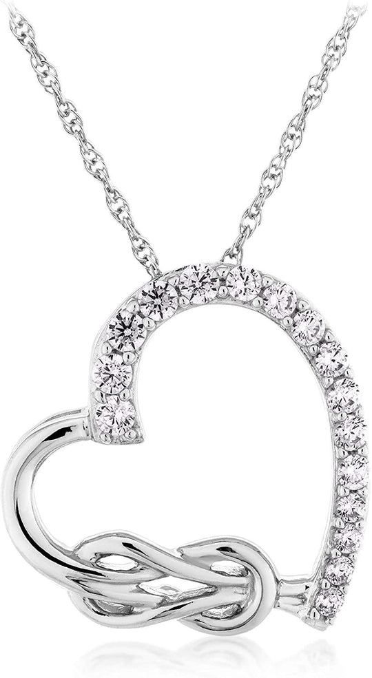 .925 Sterling Silver Round shape Cubic Zirconia Tilted Heart 16-stone Pendant Necklace with Love Knot on 18" Rope Chain