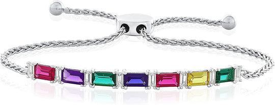 .925 Sterling Silver Lab Grown Sapphire Multicolored Rainbow Baguette Bolo Bracelet