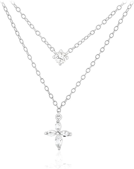 .925 Sterling Silver Round & Marquise Cut Lab Created White Sapphire Two Tier Layered Flared Cross Cable Chain Necklace - 18”