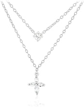 .925 Sterling Silver Round & Marquise Cut Lab Created White Sapphire Two Tier Layered Flared Cross Cable Chain Necklace - 18”
