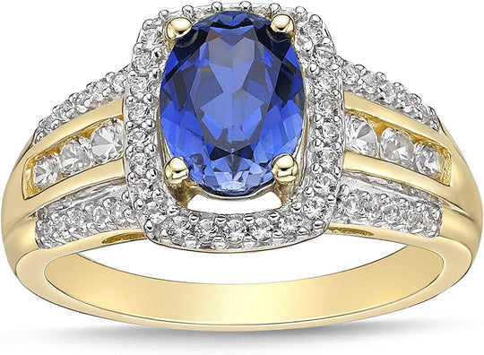 10K Yellow Gold, Lab Created Oval Gemstone & Lab Created White Sapphire Cushion Halo Fluted Filigree Cathedral Style Engagement Ring - Choice of Color