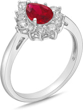 .925 Sterling Silver, Pear Cut Lab-Grown Gemstone & Round Lab-Grown White Sapphire Halo Teardrop Engagement Ring - Choice of Gem Color