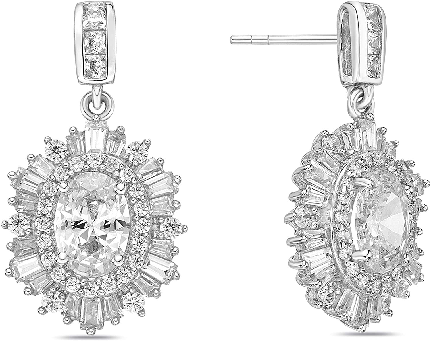 .925 Sterling Silver & Round, Princess, Baguette, and Oval Cut White Cubic Zirconia 7/8" Sunburst Halo Dangle Style Stud Earrings